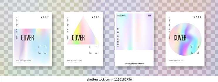 Geometric cover set. Abstract backgrounds. Trendy geometric cover with gradient mesh 90s, 80s retro style. Iridescent graphic template for book, annual, mobile interface, web app.