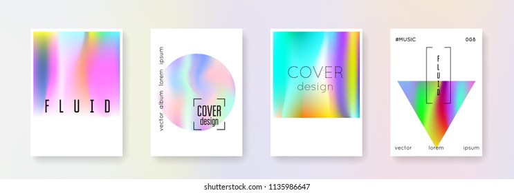 Geometric cover set. Abstract backgrounds. Futuristic geometric cover with gradient mesh 90s, 80s retro style. Iridescent graphic template for brochure, banner, wallpaper, mobile screen