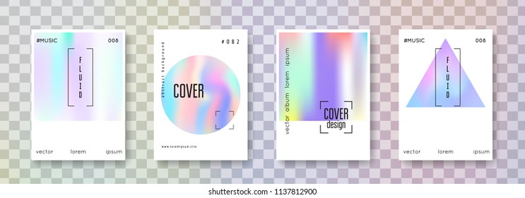 Geometric cover set. Abstract backgrounds. Neon geometric cover with gradient mesh 90s, 80s retro style. Iridescent graphic template for book, annual, mobile interface, web app.