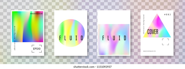 Geometric cover set. Abstract backgrounds. Rainbow geometric cover with gradient mesh 90s, 80s retro style. Pearlescent graphic template for book, annual, mobile interface, web app.