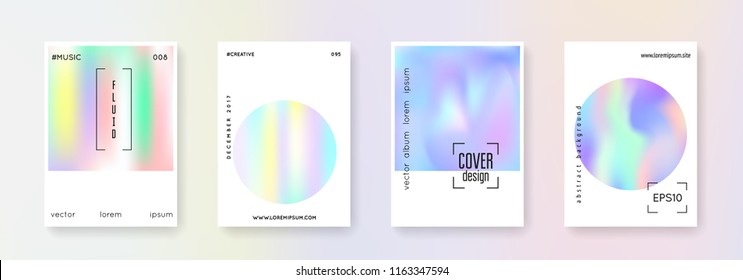 Geometric cover set. Abstract backgrounds. Colorful geometric cover with gradient mesh 90s, 80s retro style. Pearlescent graphic template for placard, presentation, banner, brochure.
