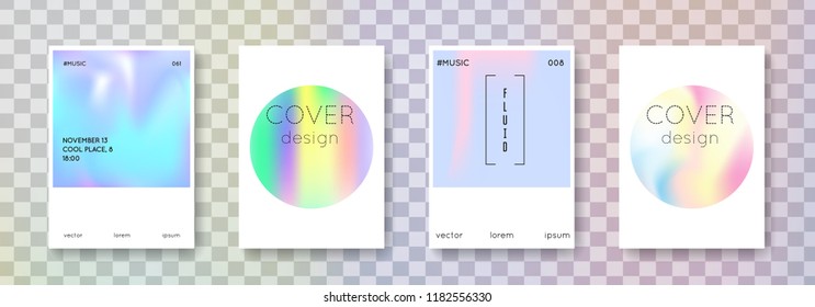 Geometric cover set. Abstract backgrounds. Memphis geometric cover with gradient mesh 90s, 80s retro style. Iridescent graphic template for placard, presentation, banner, brochure.
