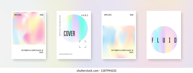 Geometric cover set. Abstract backgrounds. Stylish geometric cover with gradient mesh 90s, 80s retro style. Iridescent graphic template for placard, presentation, banner, brochure.