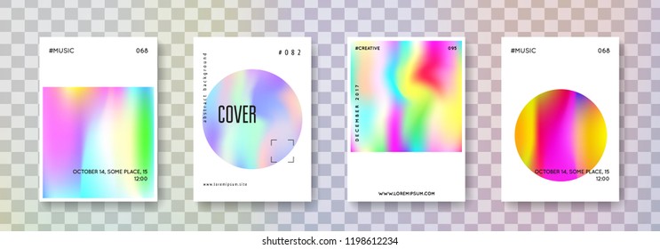 Geometric cover set. Abstract backgrounds. Bright geometric cover with gradient mesh 90s, 80s retro style. Pearlescent graphic template for placard, presentation, banner, brochure.