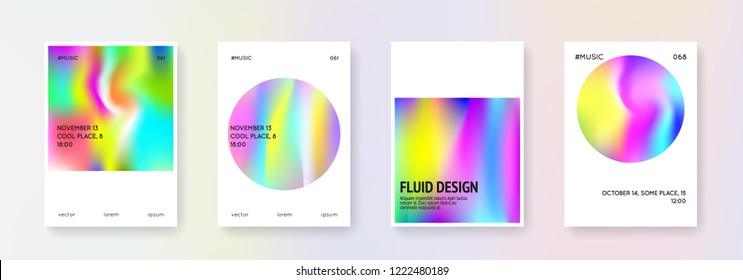 Geometric cover set. Abstract backgrounds. Futuristic geometric cover with gradient mesh 90s, 80s retro style. Pearlescent graphic template for placard, presentation, banner, brochure.