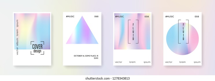 Geometric cover set. Abstract backgrounds. Neon geometric cover with gradient mesh 90s, 80s retro style. Iridescent graphic template for placard, presentation, banner, brochure.