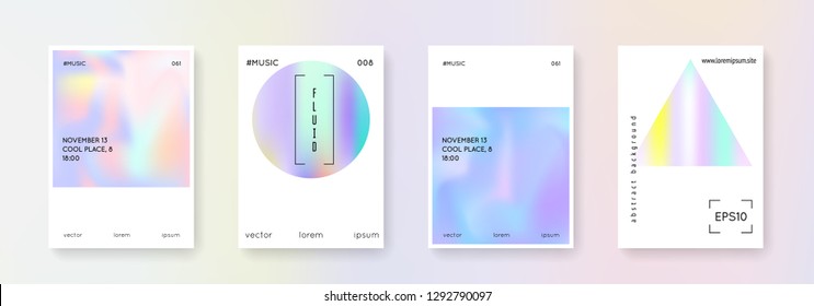 Geometric cover set. Abstract backgrounds. Futuristic geometric cover with gradient mesh 90s, 80s retro style. Iridescent graphic template for placard, presentation, banner, brochure.