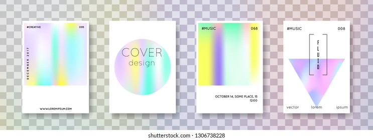 Geometric cover set. Abstract backgrounds. Neon geometric cover with gradient mesh 90s, 80s retro style. Pearlescent graphic template for brochure, banner, wallpaper, mobile screen