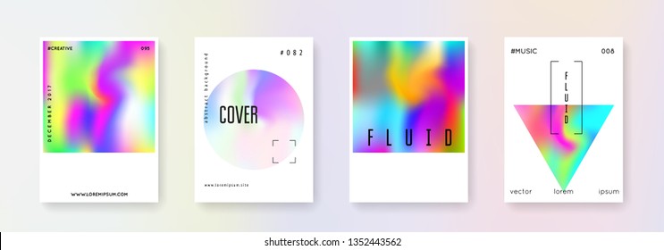 Geometric cover set. Abstract backgrounds. Vibrant geometric cover with gradient mesh 90s, 80s retro style. Iridescent graphic template for book, annual, mobile interface, web app.