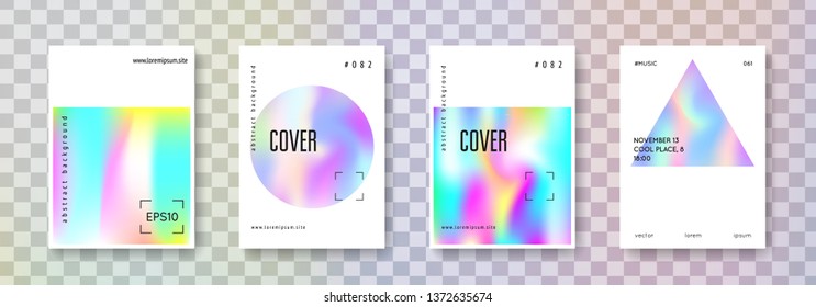 Geometric cover set. Abstract backgrounds. Neon geometric cover with gradient mesh 90s, 80s retro style. Iridescent graphic template for book, annual, mobile interface, web app.