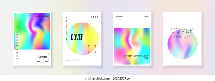 Geometric cover set. Abstract backgrounds. Neon geometric cover with gradient mesh 90s, 80s retro style. Iridescent graphic template for brochure, banner, wallpaper, mobile screen