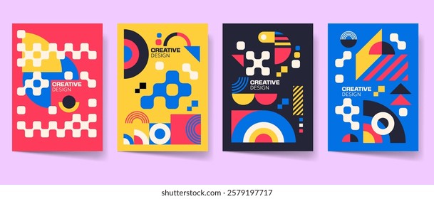 Geometric cover set. Abstract poster. Bauhaus cover templates. Retro minimal shapes, form. Geometry vector set for print. Magazine, flyer, vertical banner graphic design pack