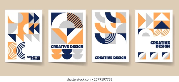 Geometric cover set. Abstract poster. Bauhaus cover templates. Retro minimal shapes, form. Geometry vector set for print. Magazine, flyer, vertical banner graphic design pack