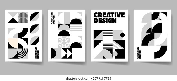 Geometric cover set. Abstract poster. Bauhaus cover templates. Retro minimal shapes, form. Geometry vector set for print. Magazine, flyer, vertical banner graphic design pack