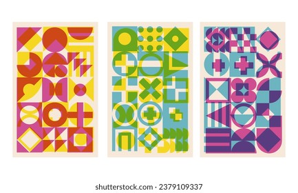 Geometric cover set with riso print effect. Bauhaus shapes pattern risograph style