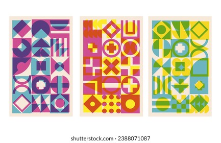 Geometric cover set with riso print effect. Bauhaus shapes pattern risograph style	
