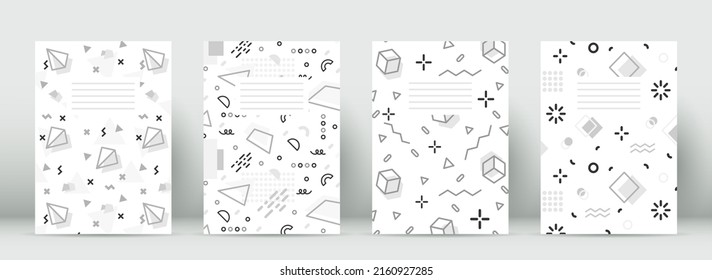 Geometric cover study memphis notebook flat set. Black white screen saver school copybook student youth style geometry math. Hipster monochrome 80-90s crochet zigzag shape circle minimal cover page