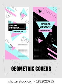 Geometrische Abdeckungen. Abstrakte Hintergründe. Memphis-Stil. Minimalistisches Vektordesign für Präsentationen, Etiquette und Coupons.