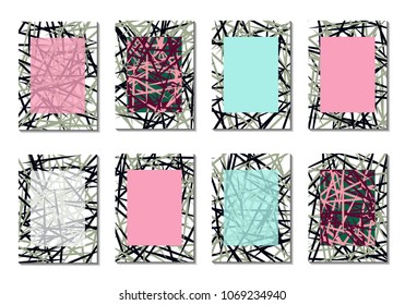 Geometric Covers. Abstract Striped Backgrounds for Posters, Cards, Banners. Trendy Minimal Patterns with Grid of Colorful Stripes. Abstract Covers made with Clipping Mask. Editable Isolated on White