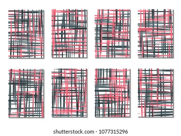 Geometric Covers. Abstract Striped Backgrounds for Posters, Cards, Banners. Trendy Minimal Patterns with Grid of Colorful Stripes. Abstract Covers made with Clipping Mask. Editable Isolated on White