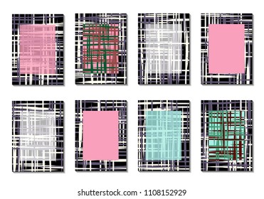 Geometric Covers. Abstract Striped Backgrounds for Posters, Cards, Banners. Trendy Minimal Patterns with Grid of Colorful Stripes. Abstract Covers made with Clipping Mask. Editable Isolated on White