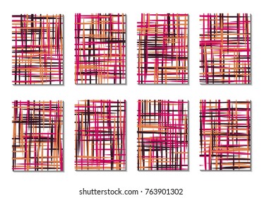 Geometric Covers. Abstract Striped Backgrounds for Posters, Cards, Banners. Trendy Minimal Patterns with Grid of Colorful Stripes. Abstract Covers made with Clipping Mask. Editable Isolated on White