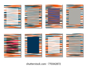 Geometric Covers. Abstract Striped Backgrounds for Posters, Cards, Banners. Trendy Minimal Patterns with Grid of Colorful Stripes. Abstract Covers made with Clipping Mask. Editable Isolated on White