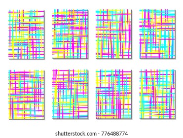 Geometric Covers. Abstract Striped Backgrounds for Posters, Cards, Banners. Trendy Minimal Patterns with Grid of Colorful Stripes. Abstract Covers made with Clipping Mask. Editable Isolated on White