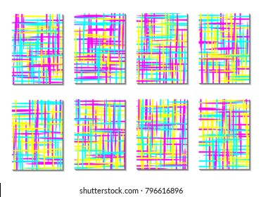 Geometric Covers. Abstract Striped Backgrounds for Posters, Cards, Banners. Trendy Minimal Patterns with Grid of Colorful Stripes. Abstract Covers made with Clipping Mask. Editable Isolated on White