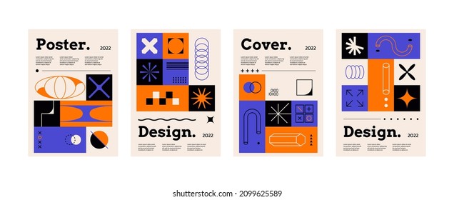 Geometric covers. Minimalistic posters with postmodern shapes and place for text. Vector set