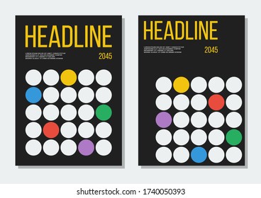 geometric covers set with black background, white and colorful circles