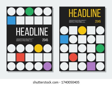 geometric covers set with black background, white and colorful circles and squares