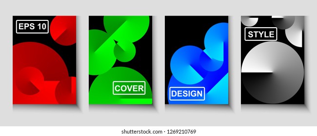 Geometric covers set with gradient cones. Basic three colors and grey on black background.