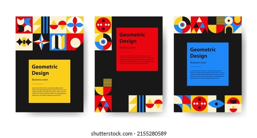 Geometrisches Cover-Set. Neo Geo, Retro-Stil. Modernes abstraktes Set von Vektorgrafiken für Werbe- und Bisiness-Flyer. Geometrische Vorlage für Broschüren, Flyer, Cover, Business, Werbung.