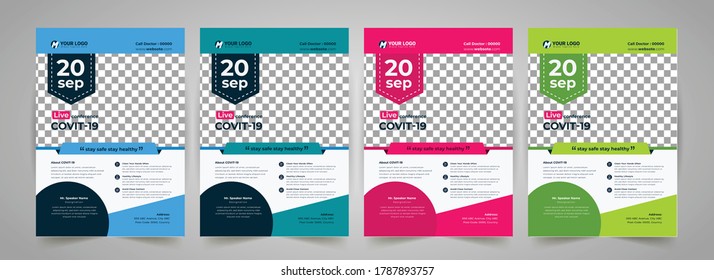 Geometric COVID 19 virtual conference flyer template design, Medical product sale, coronavirus COVID-19 flyer template, Flyer, infographic, modern layout, size A4, Magazine, Poster, Corporate Presentation, EPS