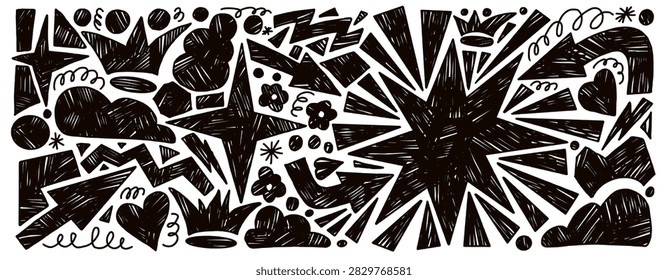 Geometric crayon figures for school card and kid poster. Hand drawn geometric shapes with crayon texture and chalky cloud pattern. Playful vector flower, star and arrow design isolated on white bg.
