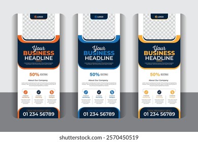 Geometric and creative business flyer and display banner, Creative business agency roll up banner design pull up, display banner, x-banner vector, flag-banner design, with 3 color variation
