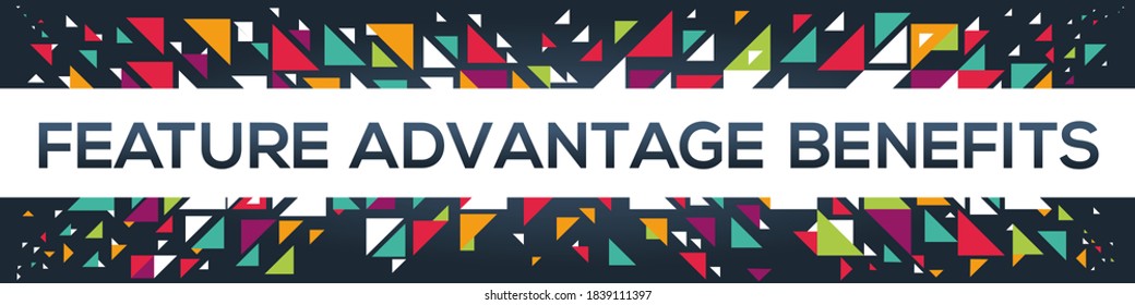 Diseño de texto geométrico creativo colorido (Feature Advantage Benefits), escrito en inglés, ilustración vectorial.