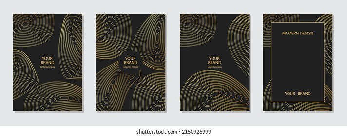 Geometric creative cover design. Embossed gold 3D pattern of curved contours, lines, stripes, circles. Collection of vertical templates for business background, magazine layout, brochure, booklet.