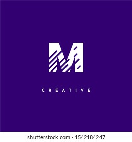 geometric creative M logo letter with modern lines isolated on purple background simple design concept.
