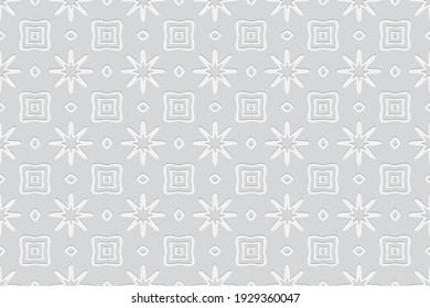 Fondo blanco creativo geométrico. Composición volumétrica de un patrón de alivio. Papel de escritorio con un efecto 3D de forma convexa con elementos étnicos al estilo de los pueblos de África.