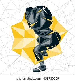 Concepto de encaje geométrico. Escuadrón trasero. Silueta vectorial del hombre haciendo fitness y encaje. Concepto de vida activa y saludable
