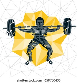 Geometric Crossfit concept. Back squat. Vector silhouette of man doing fitness and crossfit. Active and healthy life concept