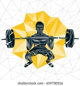Concepto de encaje geométrico. Cubierta delantera. Silueta vectorial del hombre haciendo fitness y encaje. Concepto de vida activa y saludable