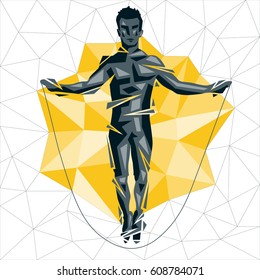 Geometric Crossfit concept. Rope Jumping. Vector silhouette of man doing fitness and crossfit. Active and healthy life concept