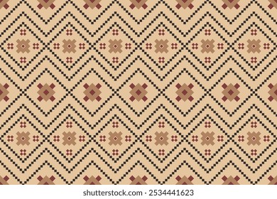 Geometric and cross-stitch traditional ethnic pattern. Floral pixel art embroidery with an elegant abstract Aztec seamless design,suitable for fabric,clothing,carpets,curtains, sarongs,batik,wallpaper