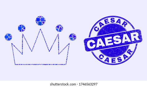 Geometric crown mosaic icon and Caesar watermark. Blue vector rounded scratched watermark with Caesar phrase. Abstract mosaic of crown created of spheric, triangles, square geometric elements.
