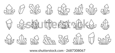 Geometric crystal abstract shapes minimal line set. Variety clean gemstone forms, clusters, single stones. Perfect for use in branding, posters, patterns, web design, or luxury aesthetics packaging