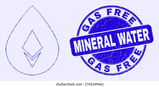 Geometric crystal drop mosaic icon and Gas Free Mineral Water seal. Blue vector round textured seal with Gas Free Mineral Water title. Abstract composition of crystal drop constructed of round,