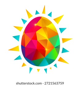 Huevo de cristal geométrico con rayos de sol radiantes, diseño facetado colorido que simboliza la energía, la vida y la creatividad